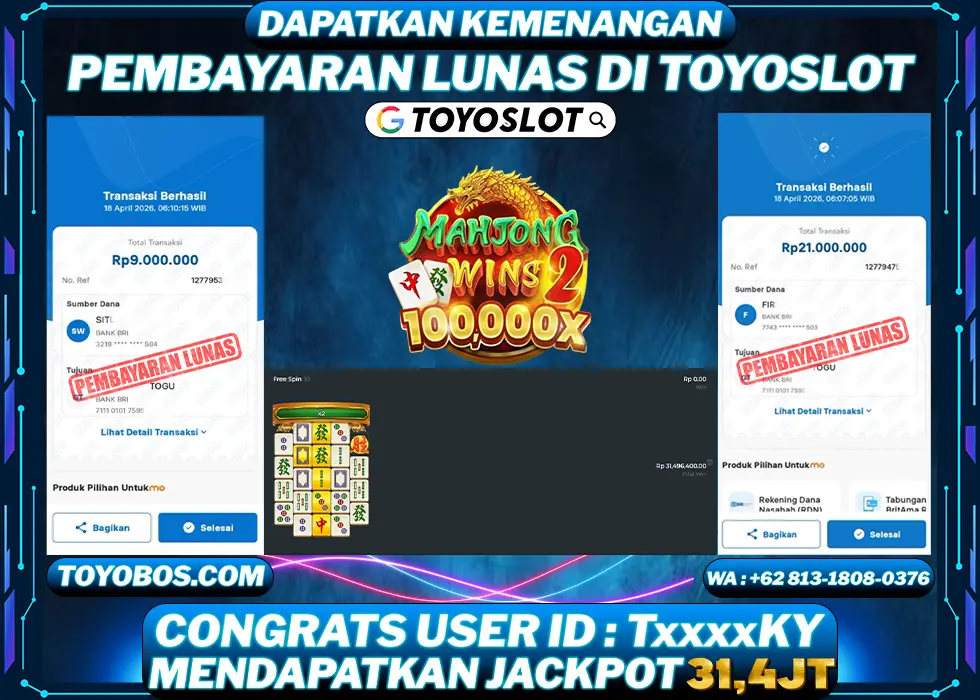 TOYOSLOT - BUKTI KEMENANGAN Mahjong Wins 2 Rp31,400,000,- LUNAS